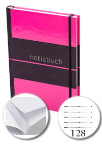 Notizbuch DIN A4 hoch, Umschlag: Hardcover 4/0-farbig, Inhalt: 128 gepunktete Inhaltsseiten inkl. Abrissperforation (1 cm vom Bund)