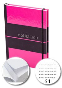 Notizbuch DIN A5 hoch, Umschlag: Hardcover 4/0-farbig, Inhalt: 64 gepunktete Inhaltsseiten inkl. Abrissperforation (1 cm vom Bund)