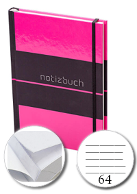 Notizbuch DIN A5 hoch, Umschlag: Hardcover 4/0-farbig, Inhalt: 64 linierte Inhaltsseiten inkl. Abrissperforation (1 cm vom Bund)